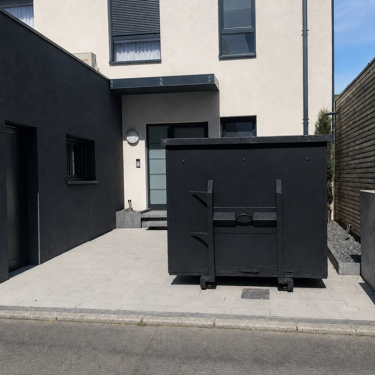 Benne posée devant une maison sur une allée pavée, location pour particulier à Colmar