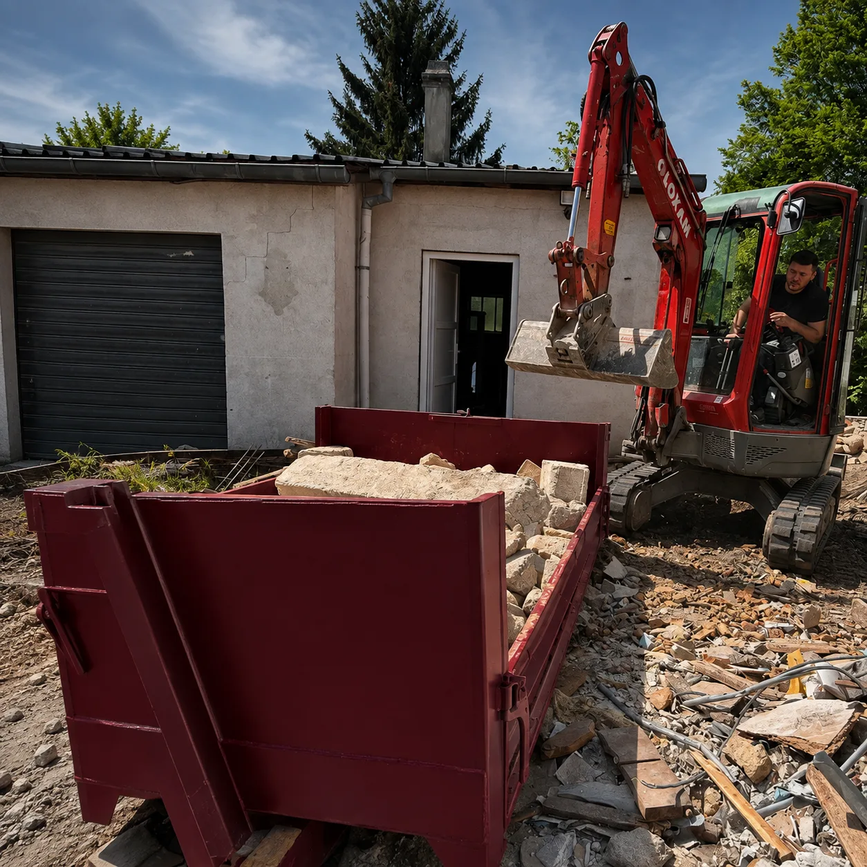 Benne chargée sur un chantier de démolition, benne à bois dans le Haut-Rhin