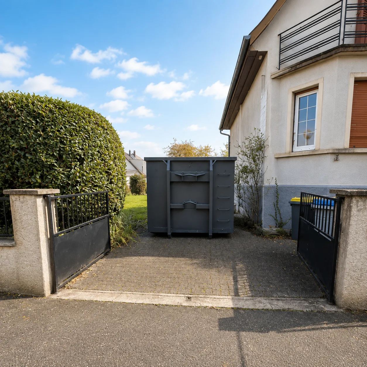 Benne de 10 m³ devant une maison, volume et prix annoncés avant la location à Colmar