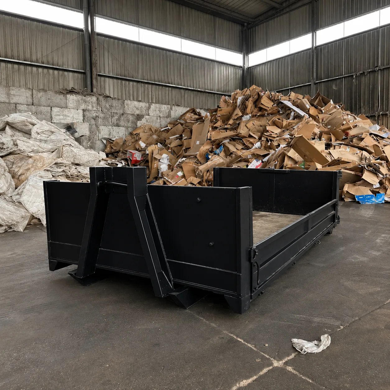 Benne de tout-venant devant un stock de cartons, déchets décrits avant la location de benne à Colmar