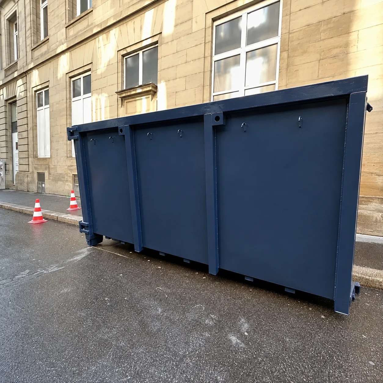 Benne posée sur la voie publique à Colmar, emplacement vérifié avant la dépose