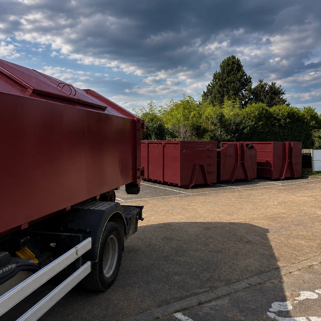 Camion benne et parc de bennes de Colma Bennes, prêts pour une dépose à Colmar