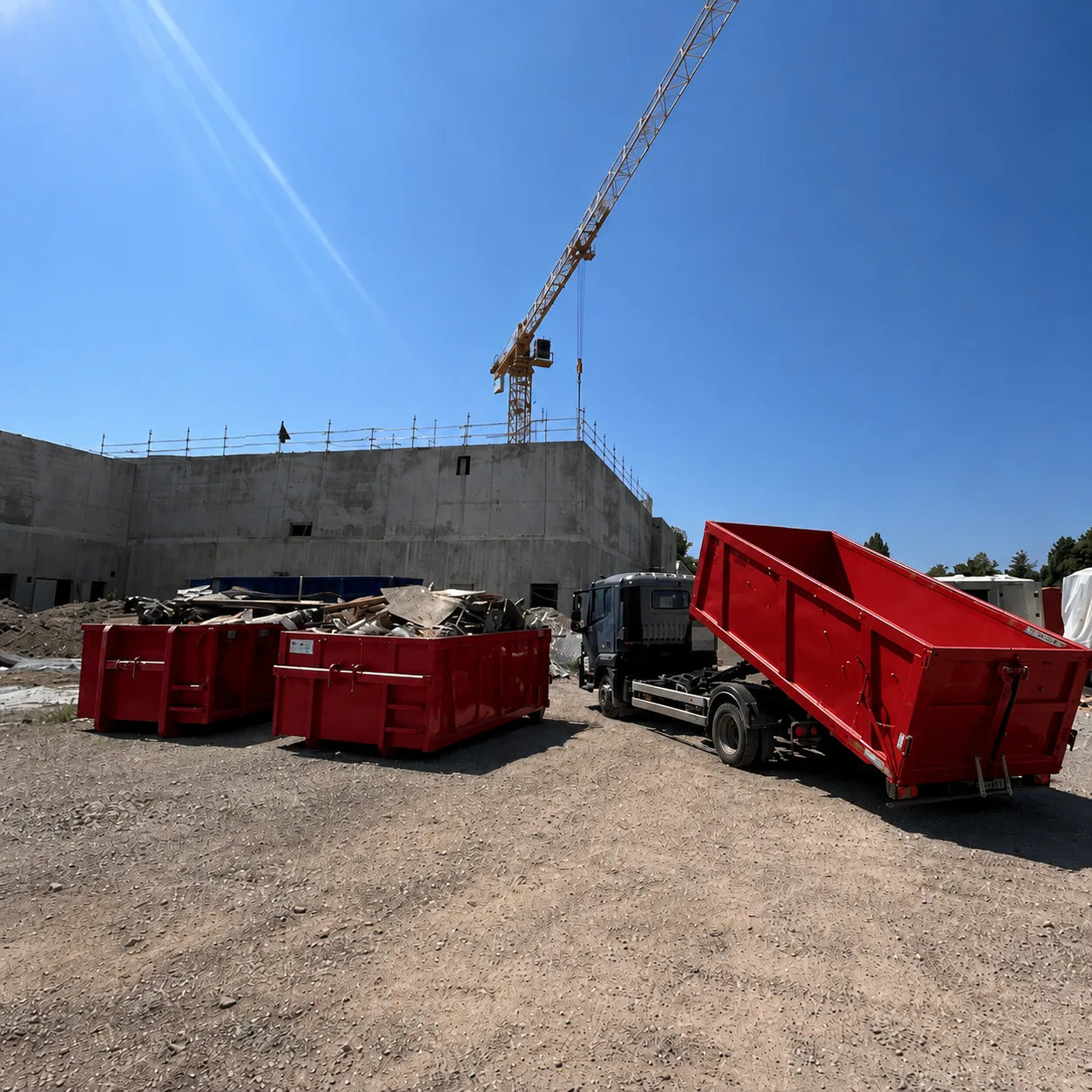 Bennes de location rouges et camion sur un chantier de construction à Colmar